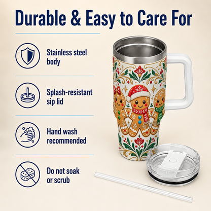Folk Gingerbread 40oz Tumbler, Holiday Tumbler, Stainless Steel Travel Cup