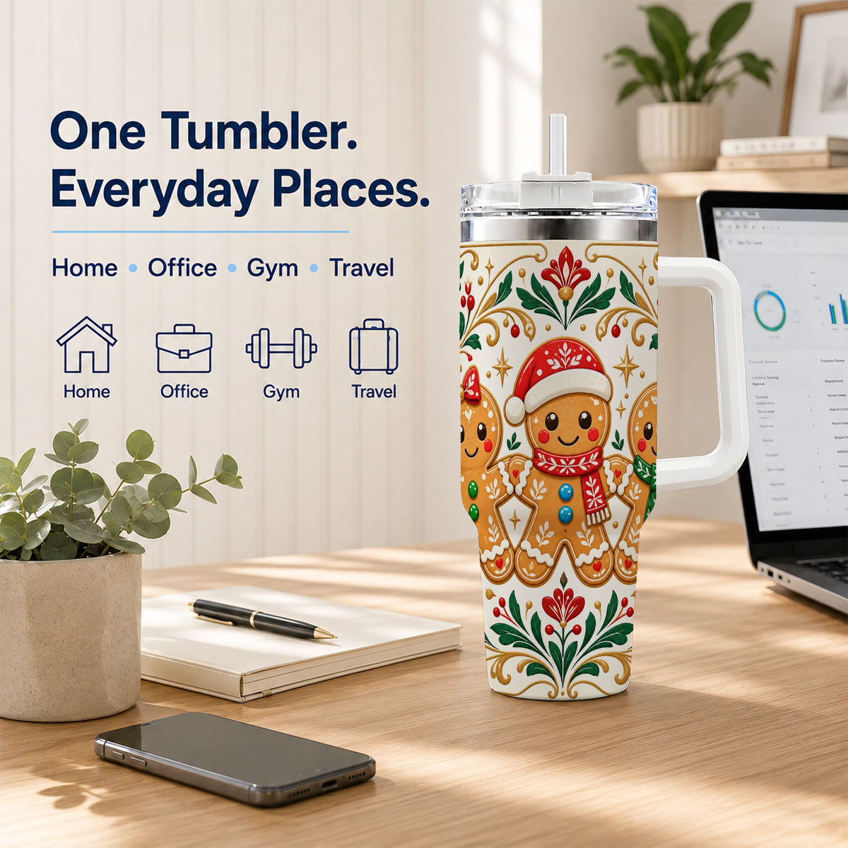 Folk Gingerbread 40oz Tumbler, Holiday Tumbler, Stainless Steel Travel Cup