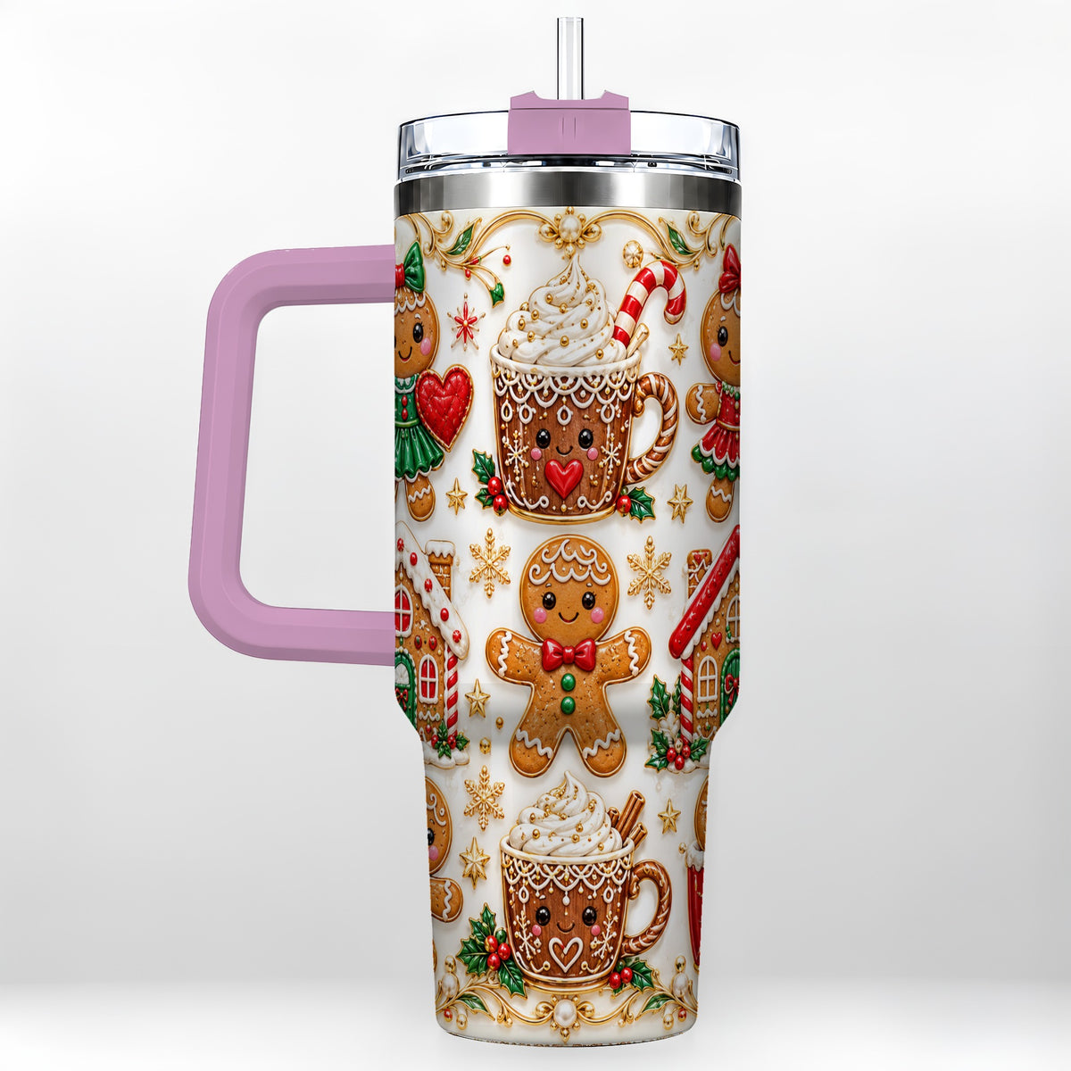 #pl[40oz|Pink] Gingerbread Village 40oz Tumbler, Xmas Tumbler, Stainless Steel Travel Cup