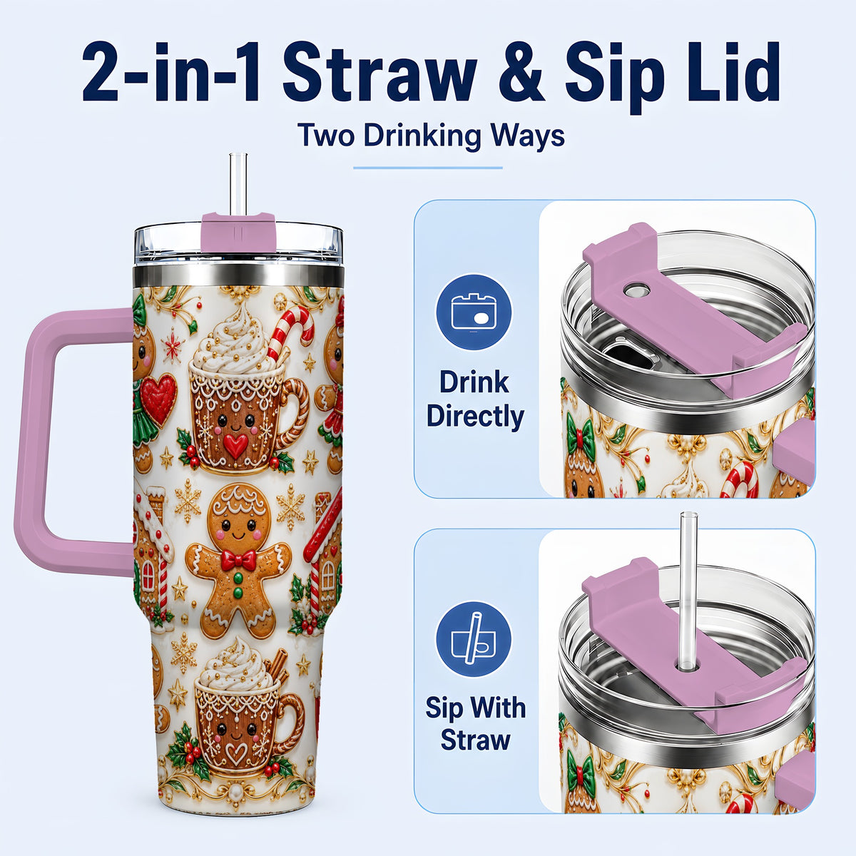 #pl[40oz|Pink] Gingerbread Village 40oz Tumbler, Xmas Tumbler, Stainless Steel Travel Cup