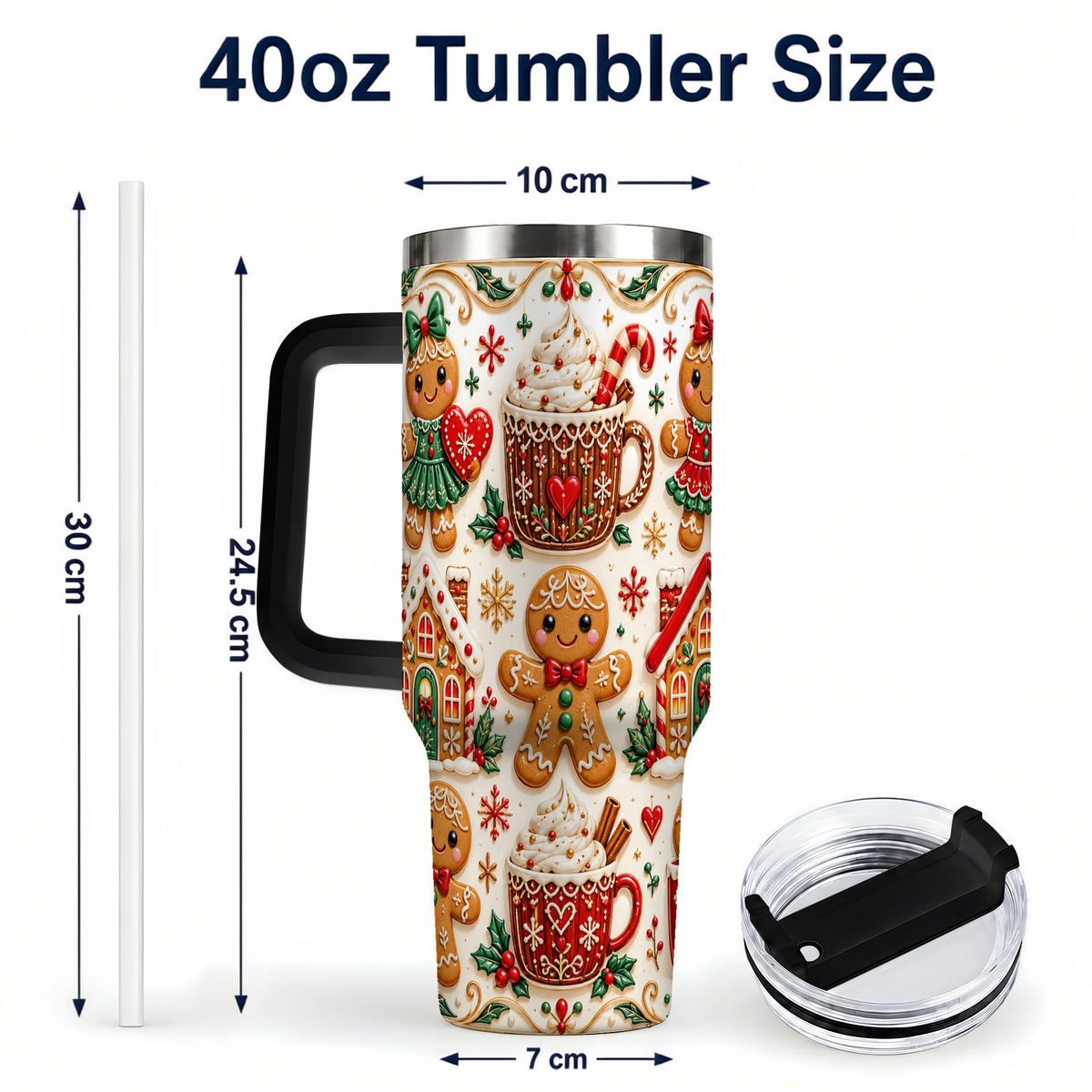 #pl[40oz|Black] Gingerbread Tumbler 40oz, Holiday Tumbler, Stainless Steel Travel Cup
