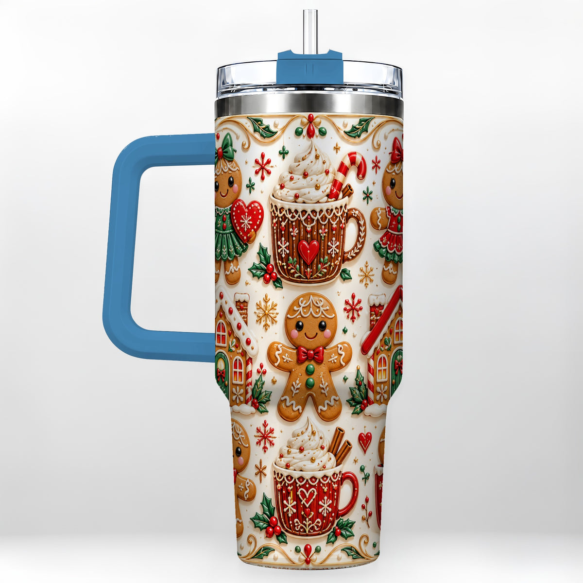 #pl[40oz|Blue] Gingerbread Tumbler 40oz, Holiday Tumbler, Stainless Steel Travel Cup