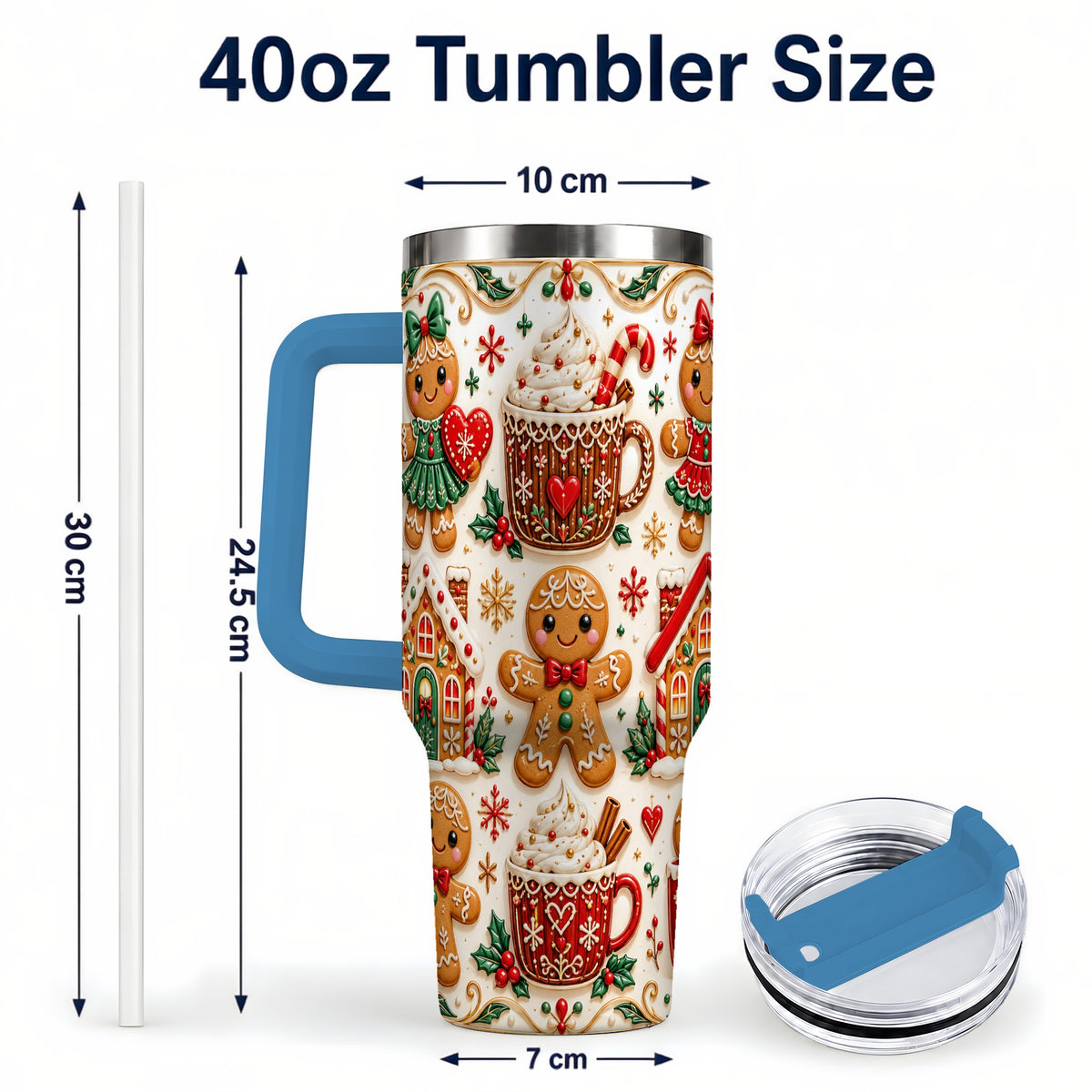 #pl[40oz|Blue] Gingerbread Tumbler 40oz, Holiday Tumbler, Stainless Steel Travel Cup