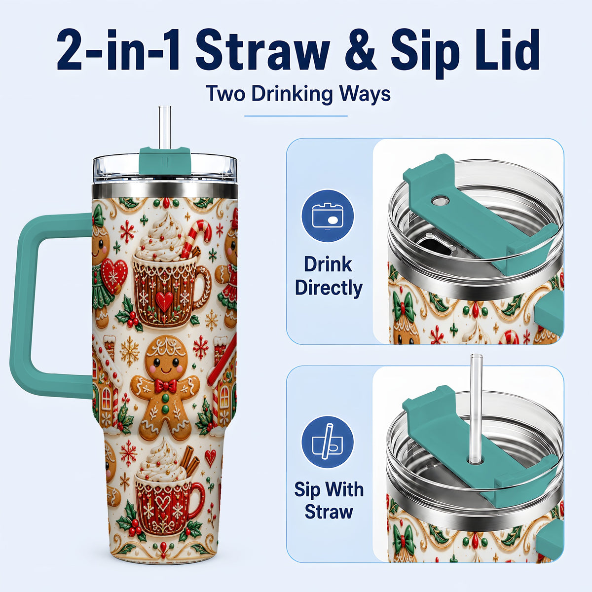 #pl[40oz|Green] Gingerbread Tumbler 40oz, Holiday Tumbler, Stainless Steel Travel Cup