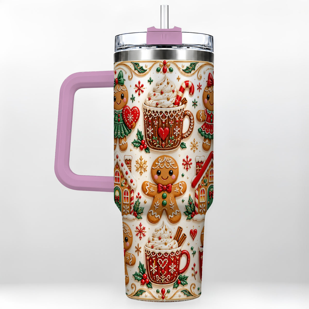 #pl[40oz|Pink] Gingerbread Tumbler 40oz, Holiday Tumbler, Stainless Steel Travel Cup
