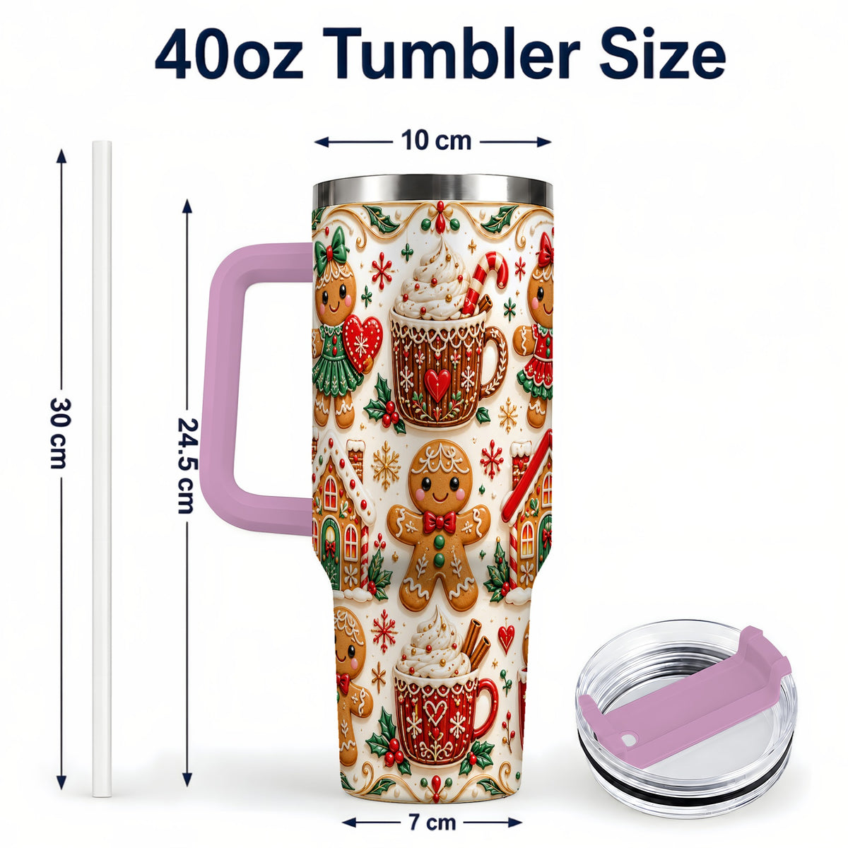 #pl[40oz|Pink] Gingerbread Tumbler 40oz, Holiday Tumbler, Stainless Steel Travel Cup