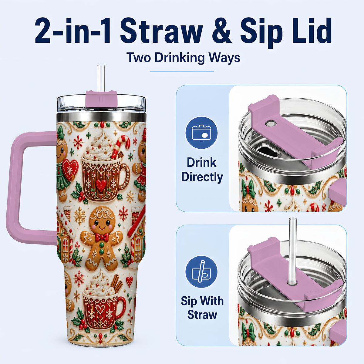 #pl[40oz|Pink] Gingerbread Tumbler 40oz, Holiday Tumbler, Stainless Steel Travel Cup