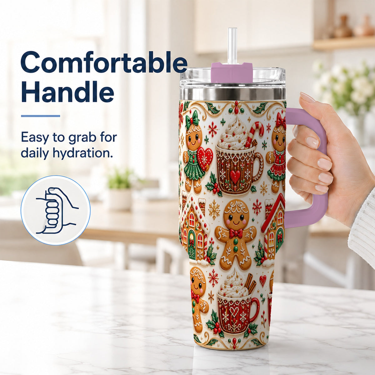 #pl[40oz|Pink] Gingerbread Tumbler 40oz, Holiday Tumbler, Stainless Steel Travel Cup