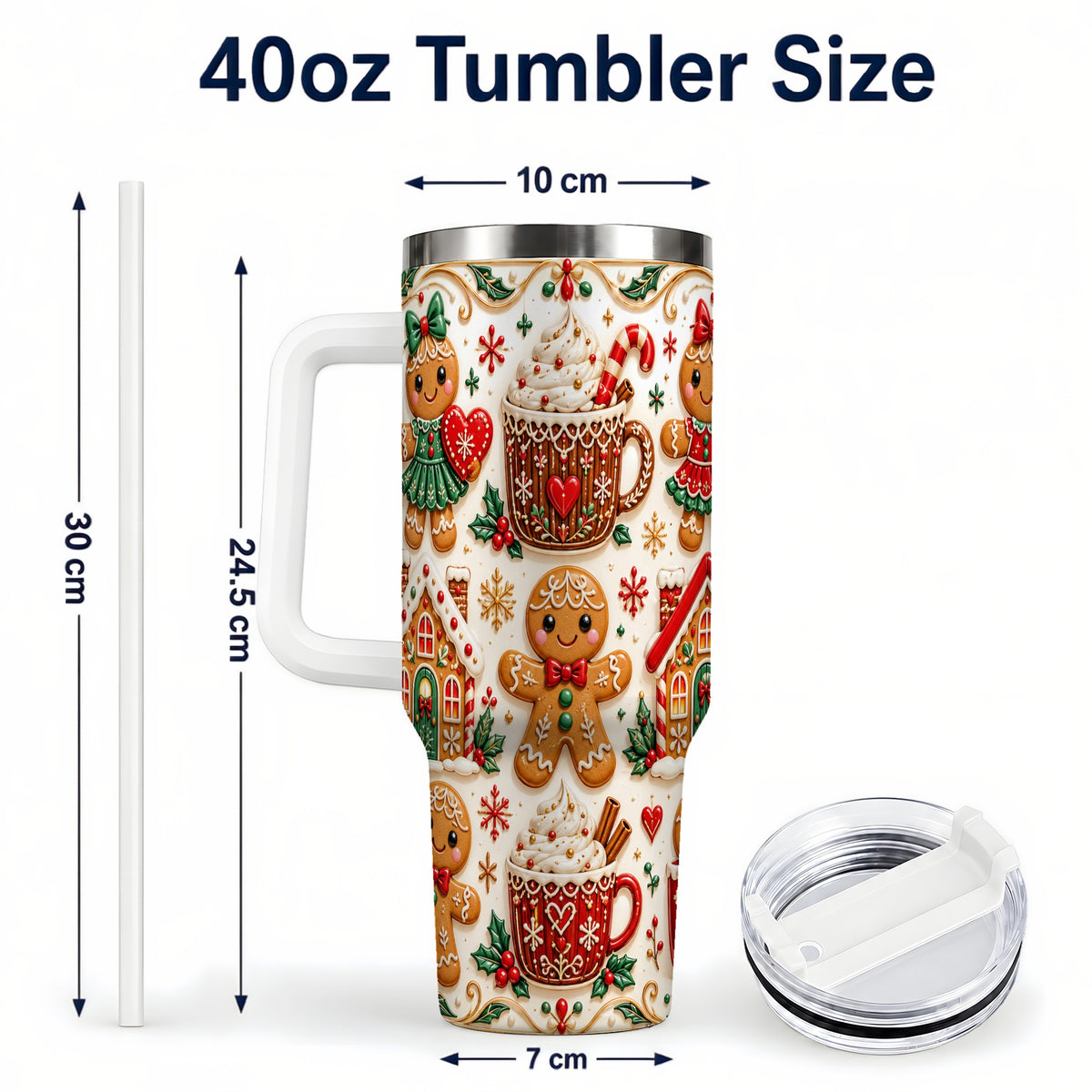 #pl[40oz|White] Gingerbread Tumbler 40oz, Holiday Tumbler, Stainless Steel Travel Cup