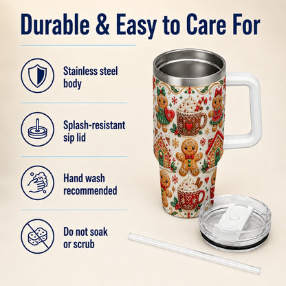 Gingerbread Tumbler 40oz, Holiday Tumbler, Stainless Steel Travel Cup