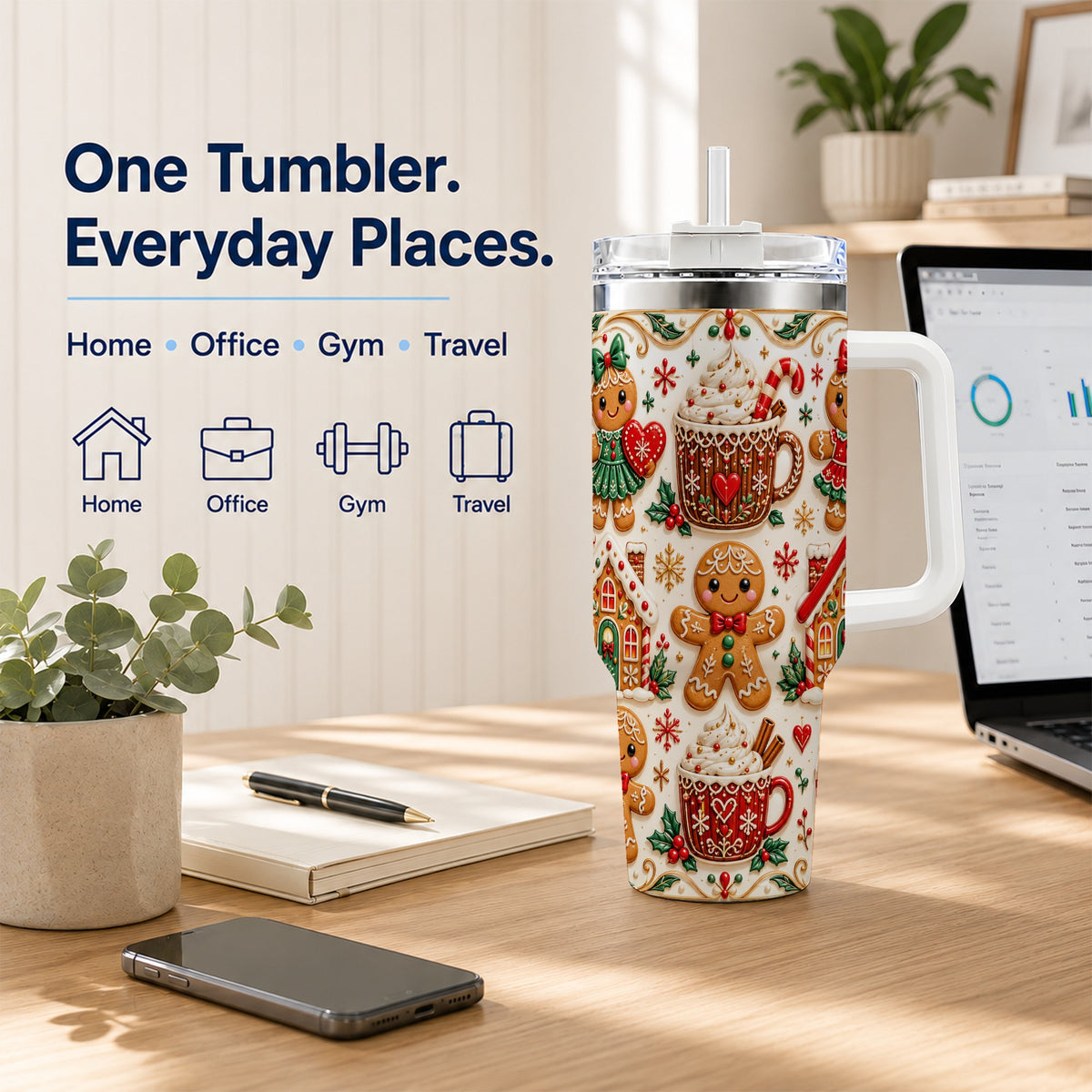 Gingerbread Tumbler 40oz, Holiday Tumbler, Stainless Steel Travel Cup