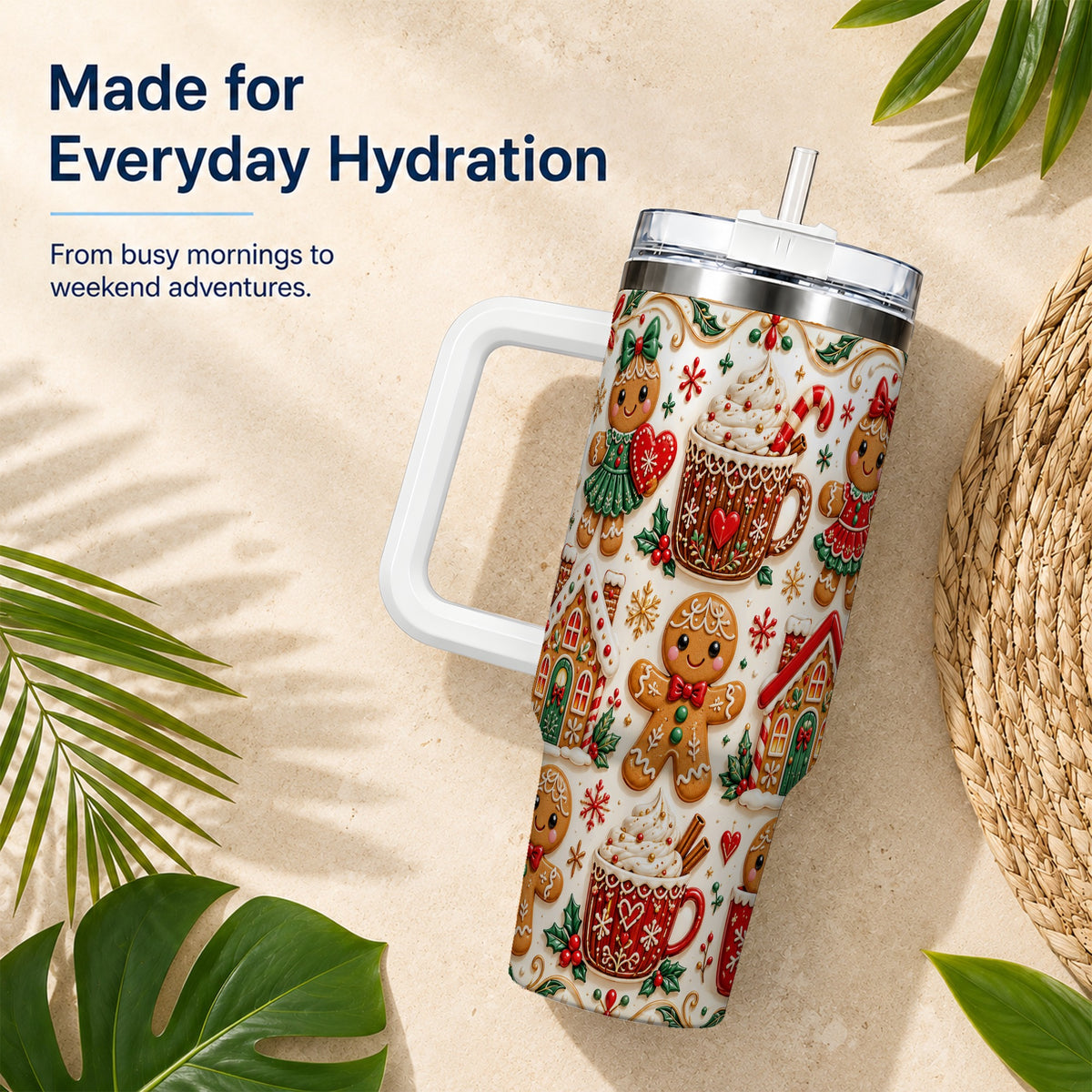 Gingerbread Tumbler 40oz, Holiday Tumbler, Stainless Steel Travel Cup