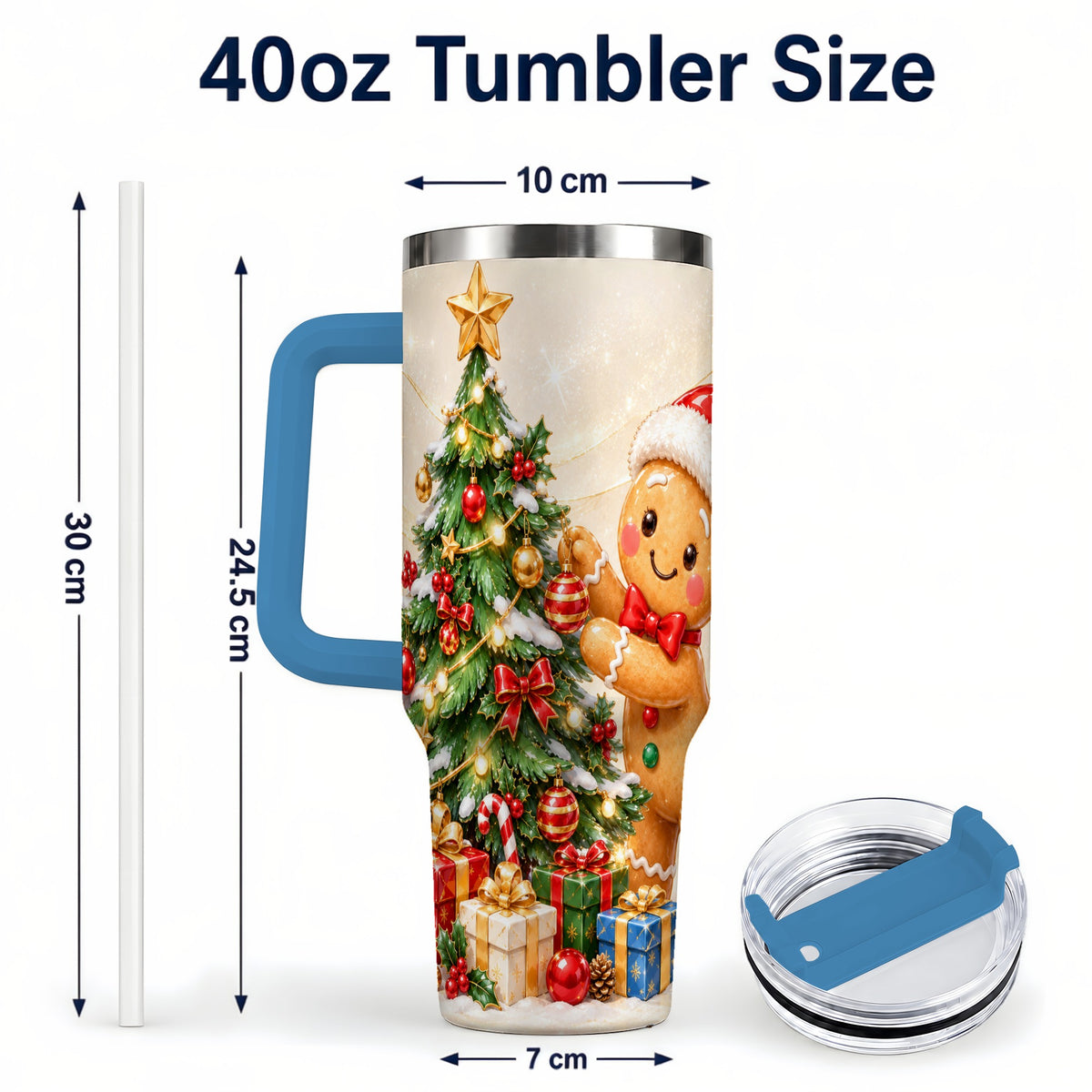 #pl[40oz|Blue] Christmas Tumbler 40oz, Gingerbread Tumbler, Stainless Steel Travel Cup
