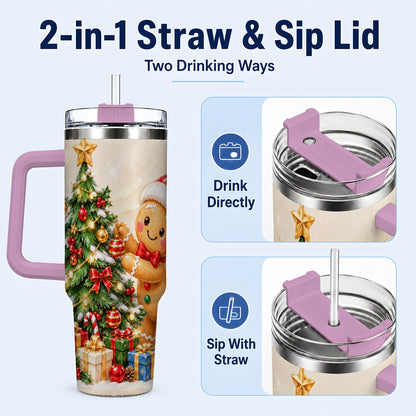 #pl[40oz|Pink] Christmas Tumbler 40oz, Gingerbread Tumbler, Stainless Steel Travel Cup