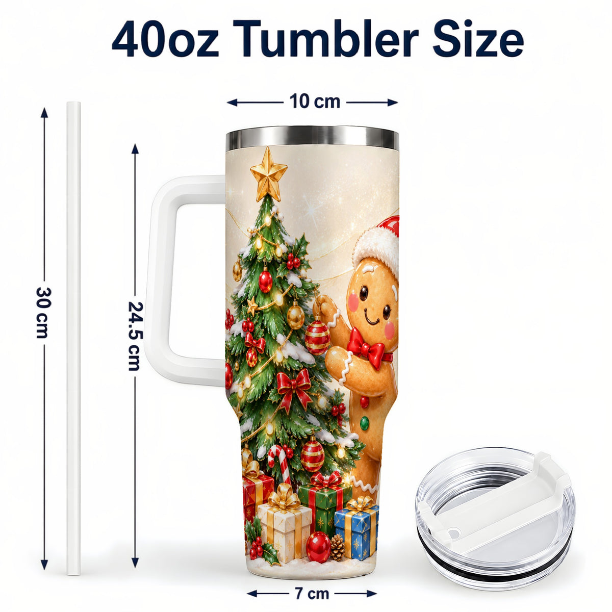 #pl[40oz|White] Christmas Tumbler 40oz, Gingerbread Tumbler, Stainless Steel Travel Cup