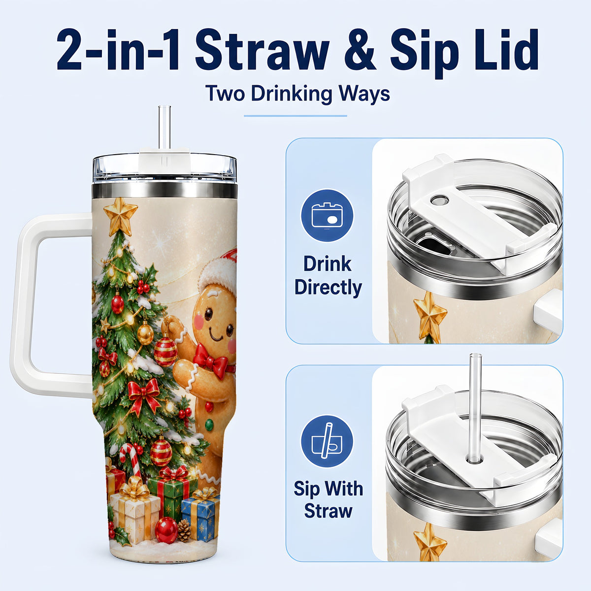 #pl[40oz|White] Christmas Tumbler 40oz, Gingerbread Tumbler, Stainless Steel Travel Cup