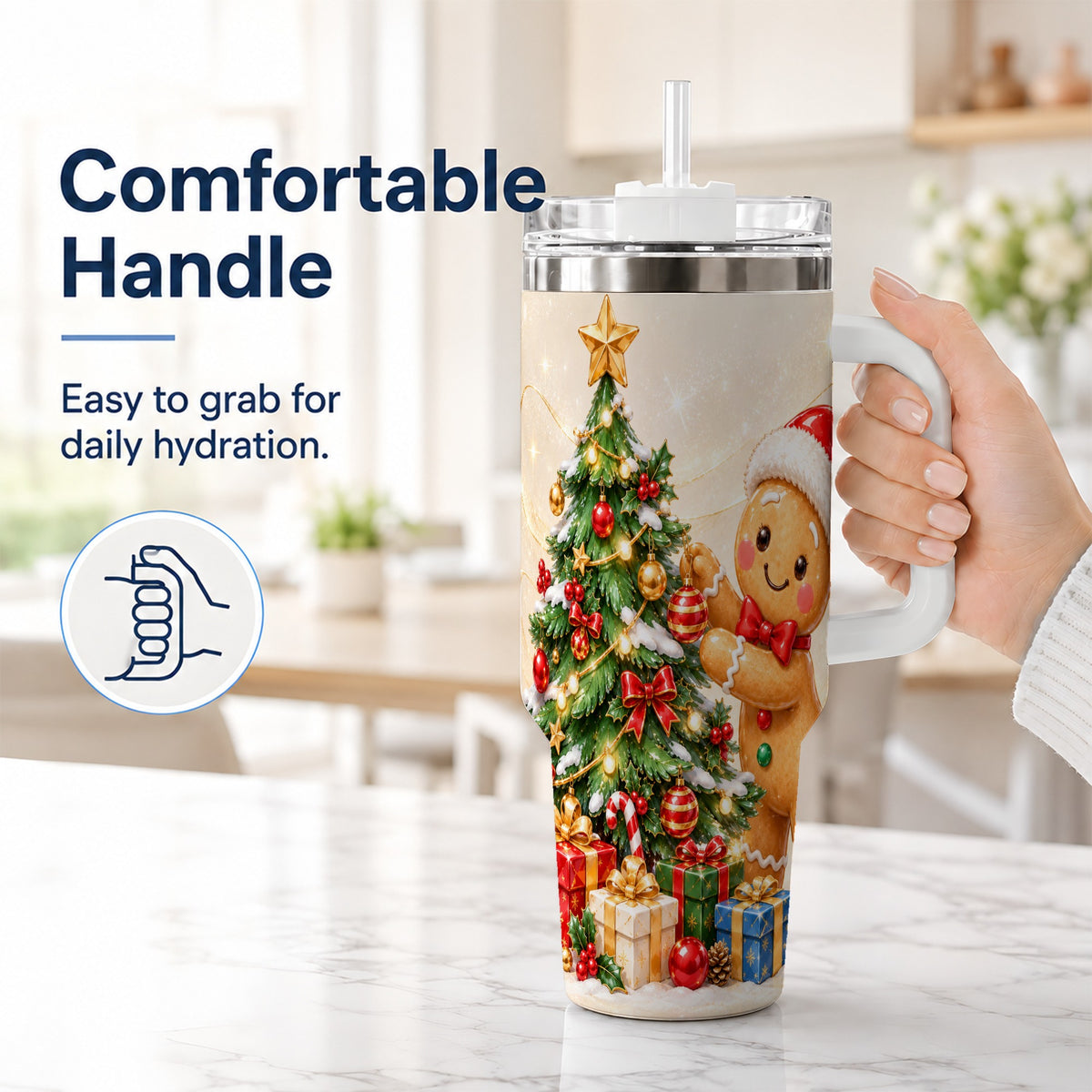 #pl[40oz|White] Christmas Tumbler 40oz, Gingerbread Tumbler, Stainless Steel Travel Cup