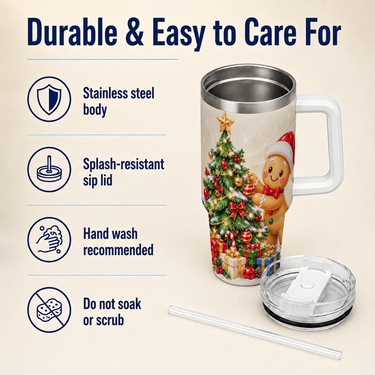 Christmas Tumbler 40oz, Gingerbread Tumbler, Stainless Steel Travel Cup