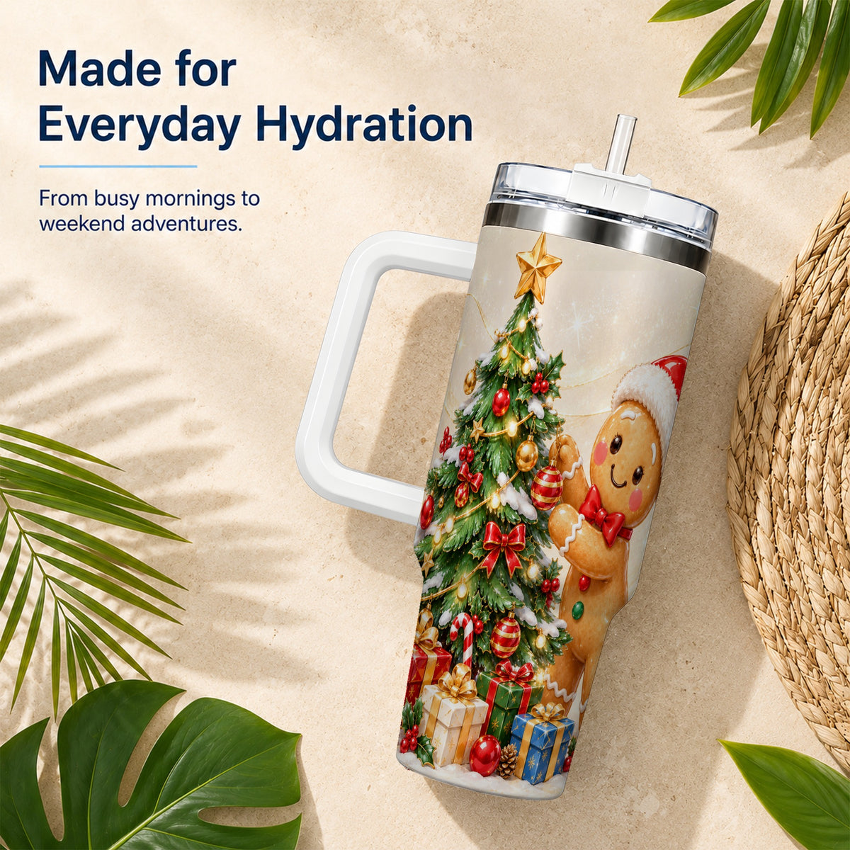 Christmas Tumbler 40oz, Gingerbread Tumbler, Stainless Steel Travel Cup
