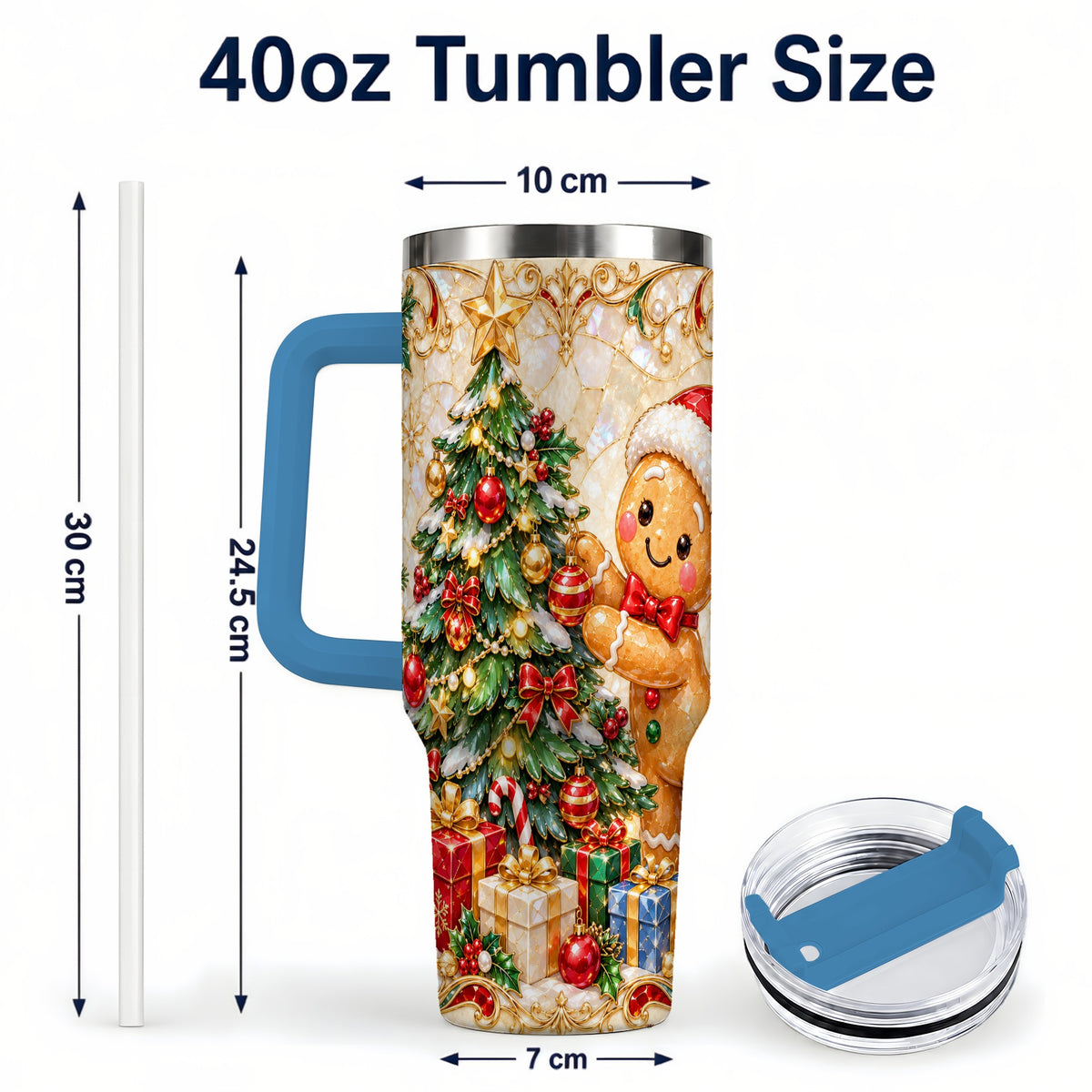 #pl[40oz|Blue] Gingerbread Tree Tumbler 40oz, Holiday Tumbler, Stainless Steel Travel Cup