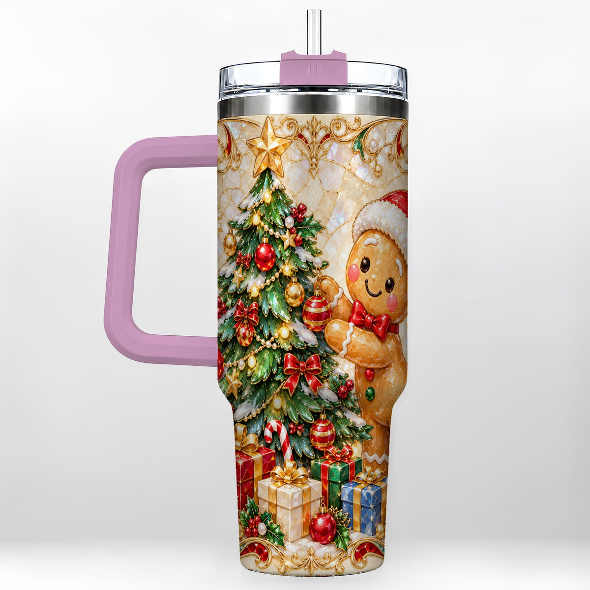 #pl[40oz|Pink] Gingerbread Tree Tumbler 40oz, Holiday Tumbler, Stainless Steel Travel Cup