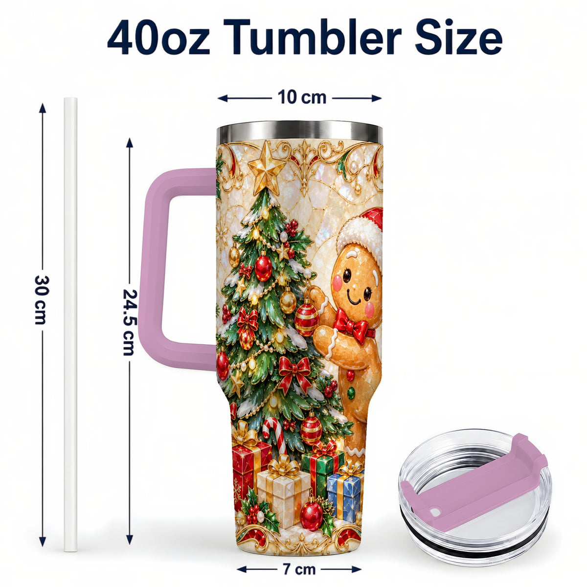 #pl[40oz|Pink] Gingerbread Tree Tumbler 40oz, Holiday Tumbler, Stainless Steel Travel Cup