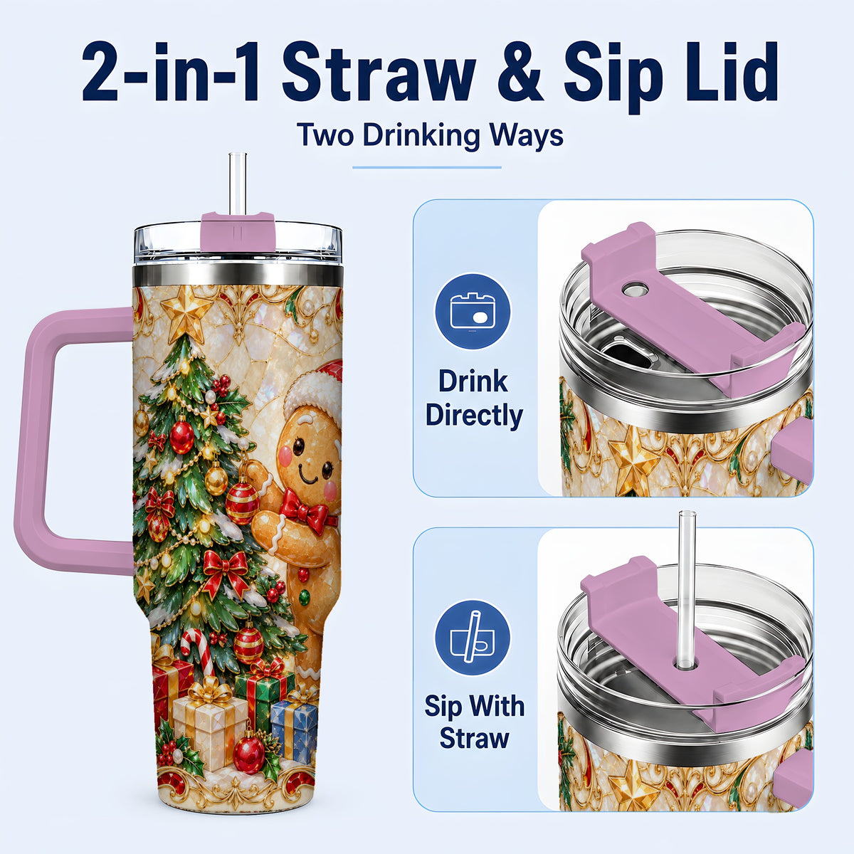 #pl[40oz|Pink] Gingerbread Tree Tumbler 40oz, Holiday Tumbler, Stainless Steel Travel Cup