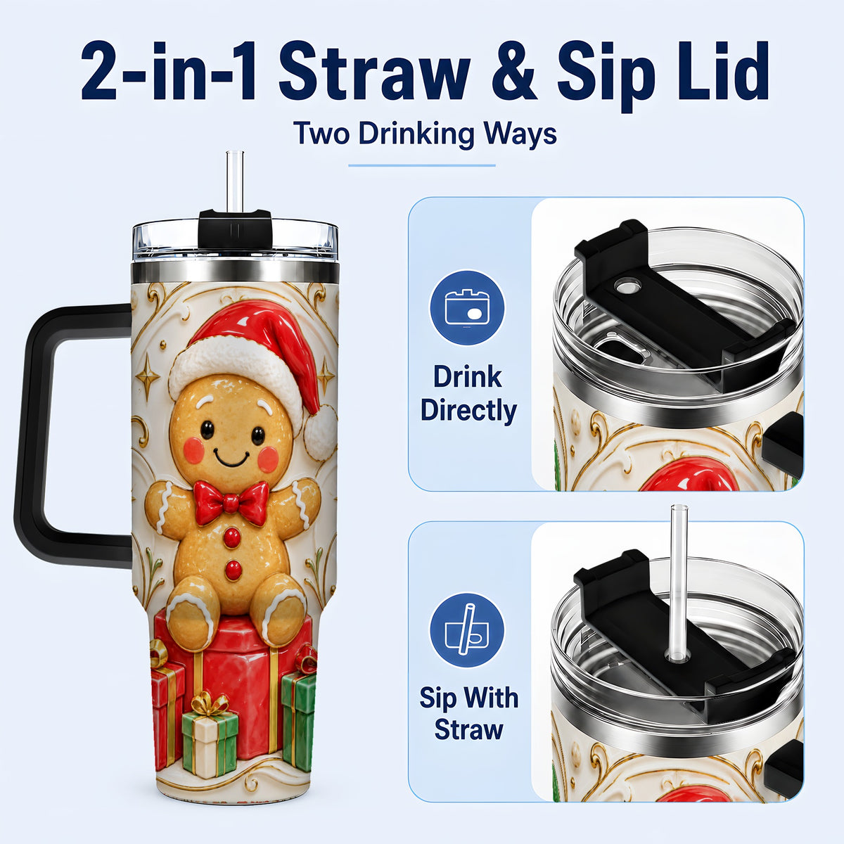 #pl[40oz|Black] Santa Gingerbread Tumbler 40oz, Holiday Tumbler, Stainless Steel Travel Cup