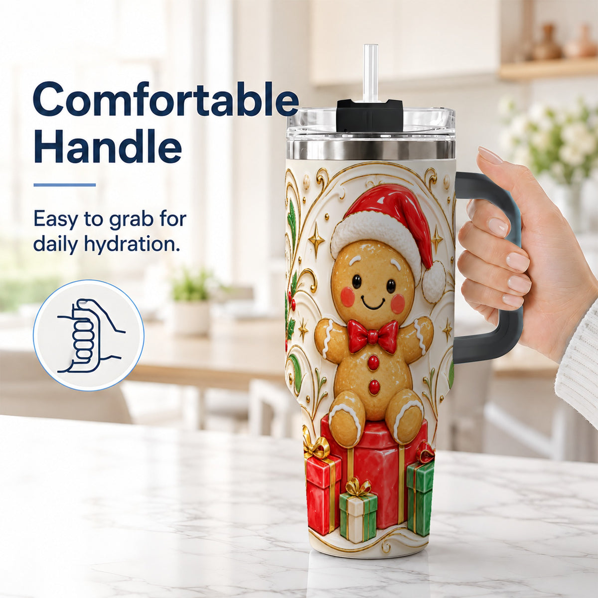 #pl[40oz|Black] Santa Gingerbread Tumbler 40oz, Holiday Tumbler, Stainless Steel Travel Cup