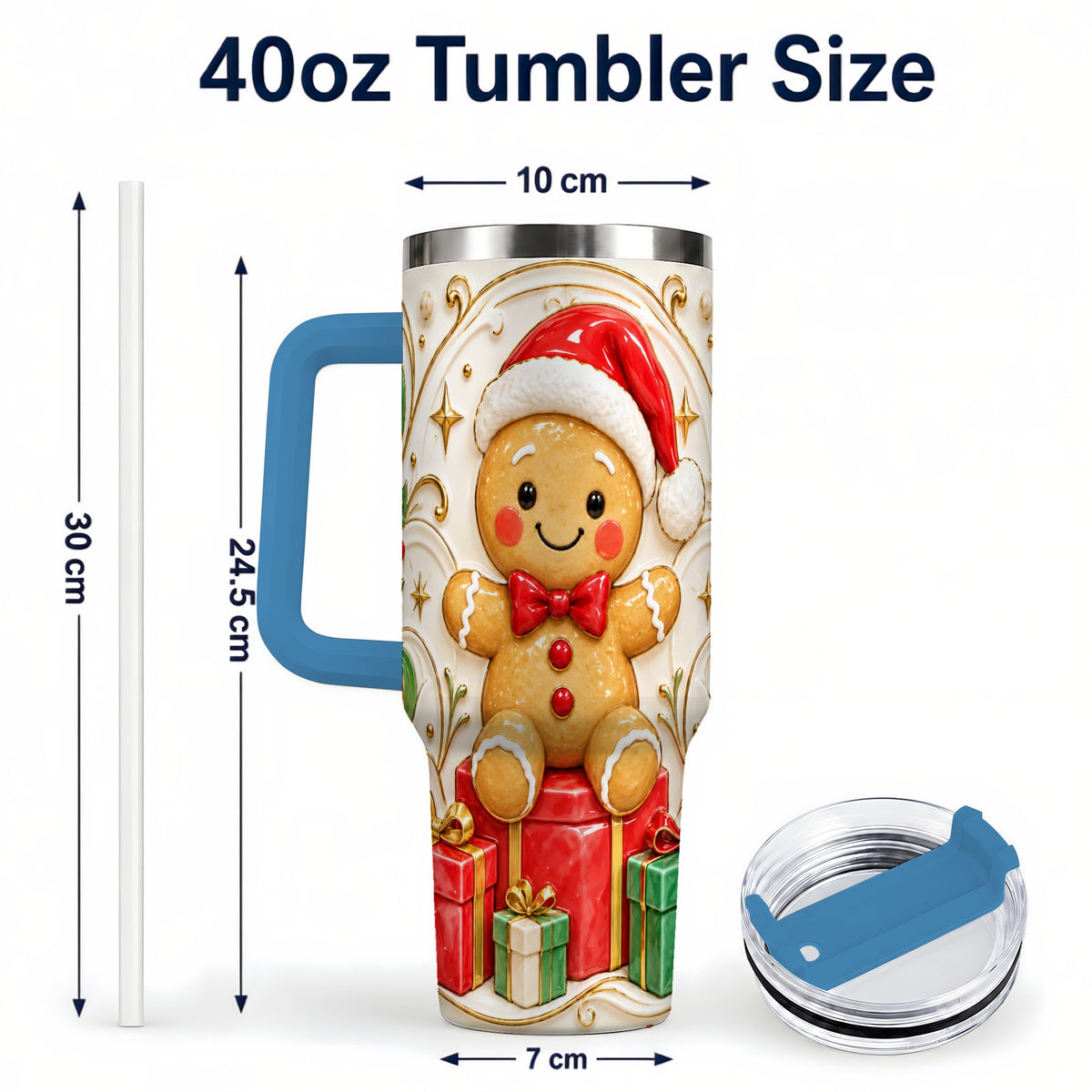 #pl[40oz|Blue] Santa Gingerbread Tumbler 40oz, Holiday Tumbler, Stainless Steel Travel Cup