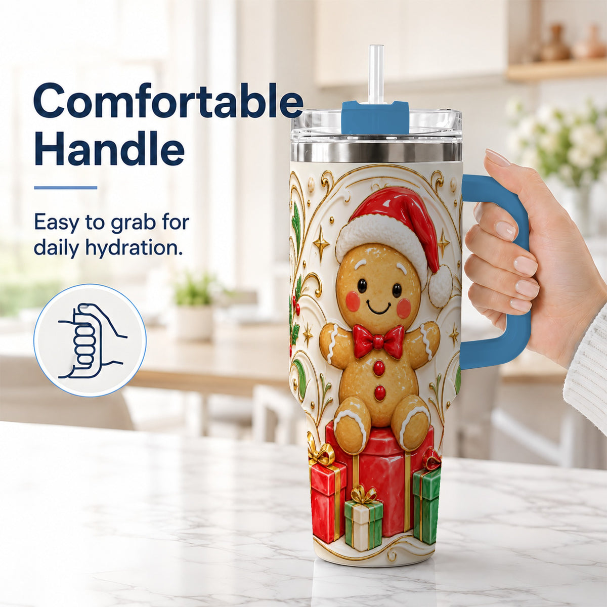#pl[40oz|Blue] Santa Gingerbread Tumbler 40oz, Holiday Tumbler, Stainless Steel Travel Cup