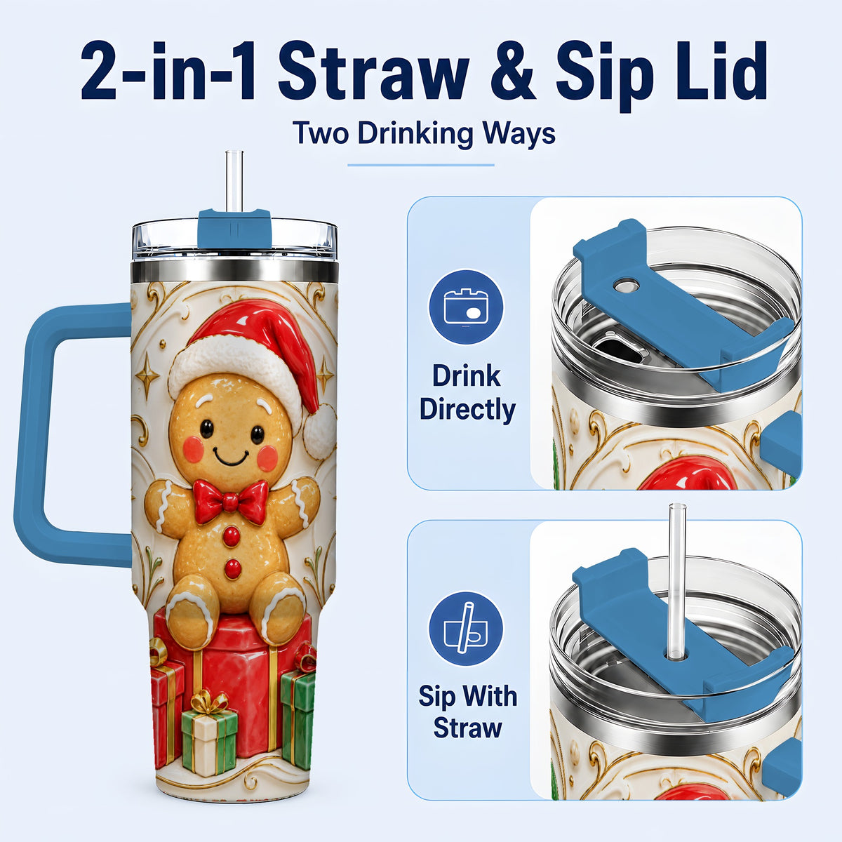 #pl[40oz|Blue] Santa Gingerbread Tumbler 40oz, Holiday Tumbler, Stainless Steel Travel Cup
