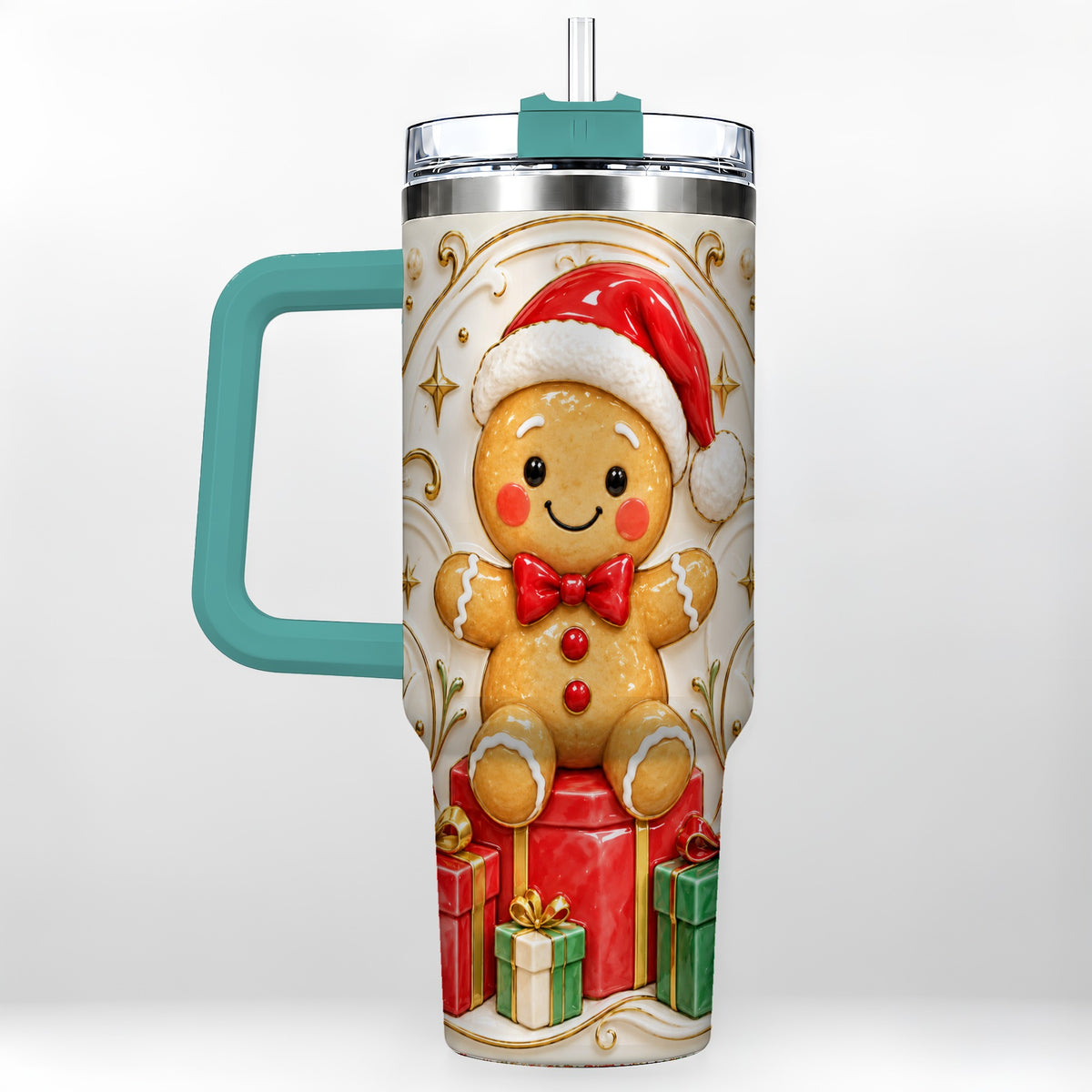 #pl[40oz|Green] Santa Gingerbread Tumbler 40oz, Holiday Tumbler, Stainless Steel Travel Cup