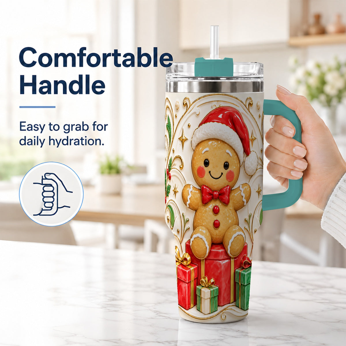 #pl[40oz|Green] Santa Gingerbread Tumbler 40oz, Holiday Tumbler, Stainless Steel Travel Cup