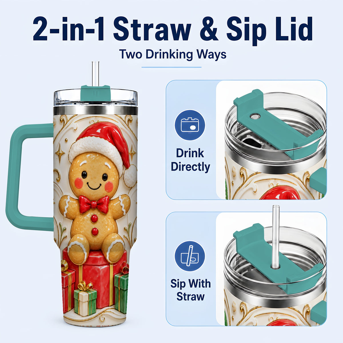 #pl[40oz|Green] Santa Gingerbread Tumbler 40oz, Holiday Tumbler, Stainless Steel Travel Cup