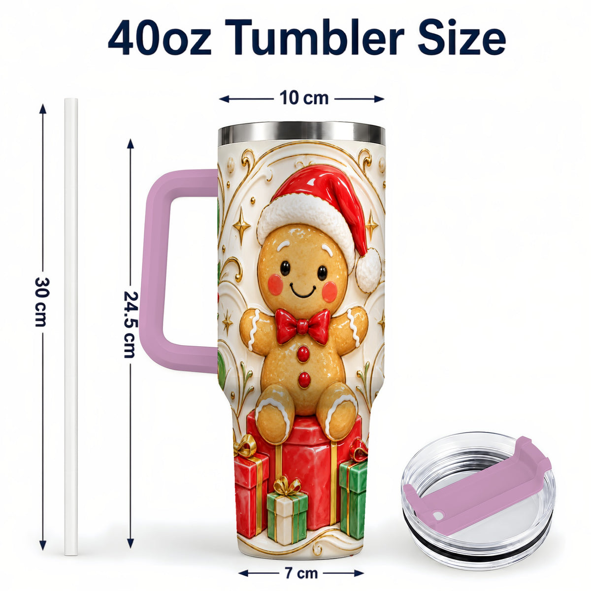 #pl[40oz|Pink] Santa Gingerbread Tumbler 40oz, Holiday Tumbler, Stainless Steel Travel Cup