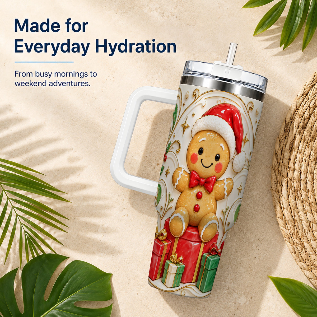 Santa Gingerbread Tumbler 40oz, Holiday Tumbler, Stainless Steel Travel Cup