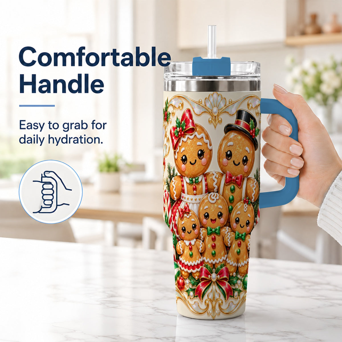 #pl[40oz|Blue] Gingerbread Crew Tumbler 40oz, Holiday Tumbler, Stainless Steel Travel Cup