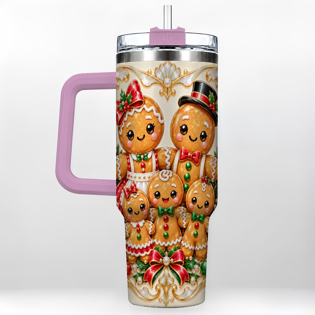 #pl[40oz|Pink] Gingerbread Crew Tumbler 40oz, Holiday Tumbler, Stainless Steel Travel Cup
