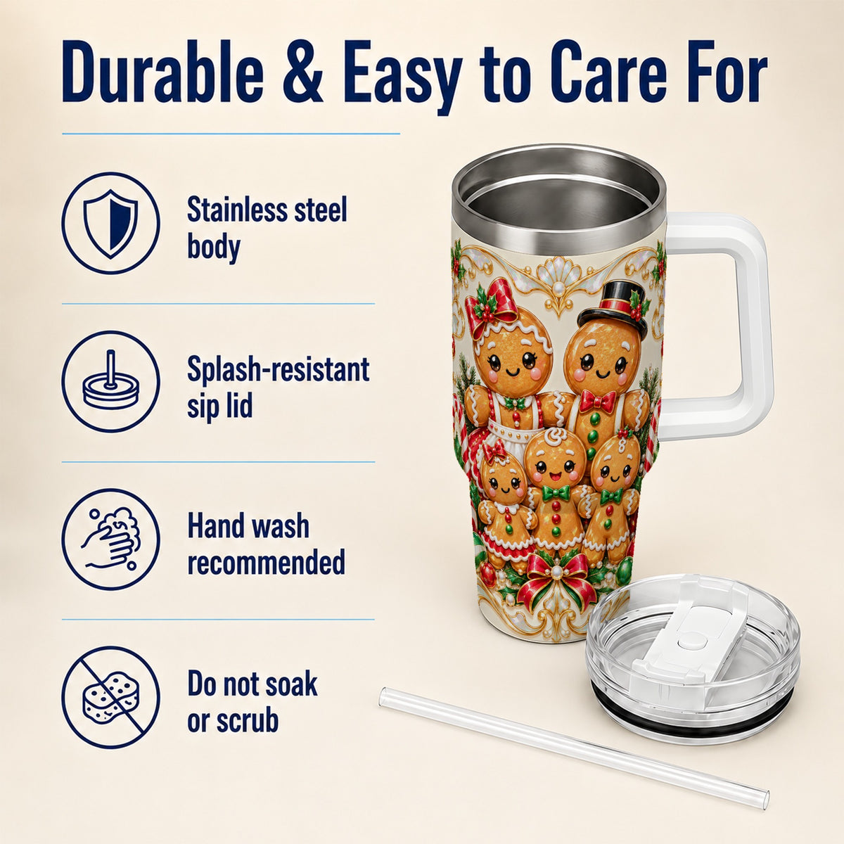 Gingerbread Crew Tumbler 40oz, Holiday Tumbler, Stainless Steel Travel Cup