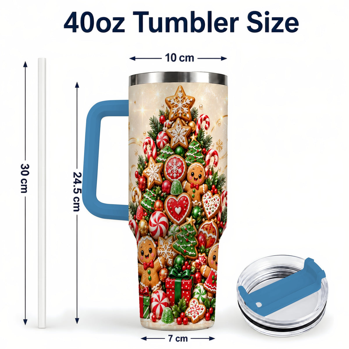 #pl[40oz|Blue] Gingerbread Christmas Tree 40oz Tumbler, Holiday Stainless Steel Travel Cup