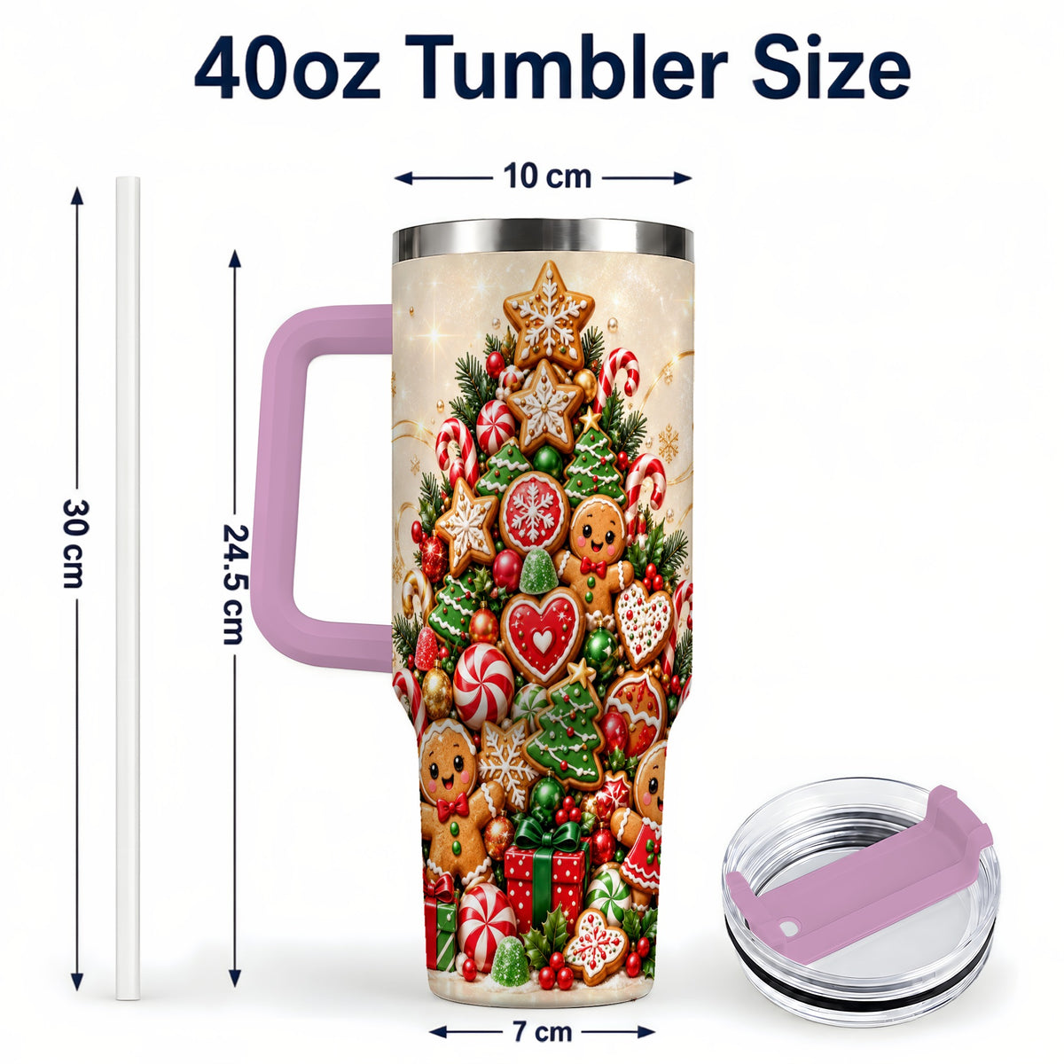 #pl[40oz|Pink] Gingerbread Christmas Tree 40oz Tumbler, Holiday Stainless Steel Travel Cup