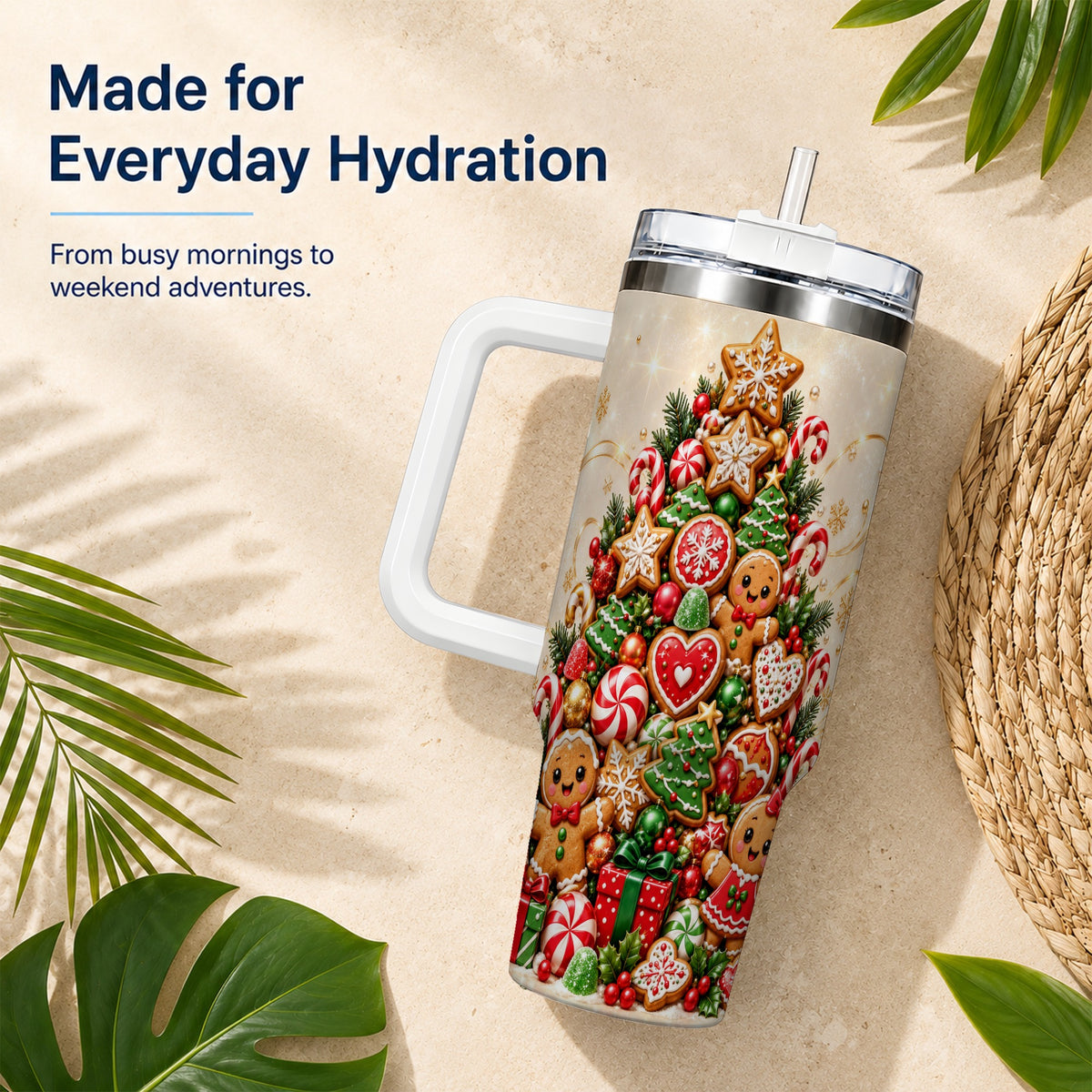 Gingerbread Christmas Tree 40oz Tumbler, Holiday Stainless Steel Travel Cup