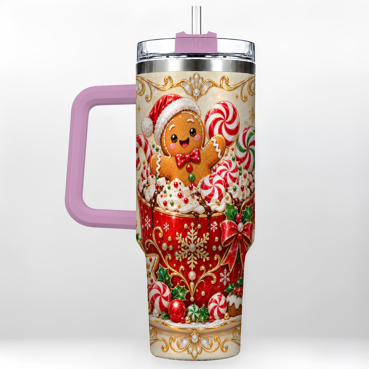 #pl[40oz|Pink] Gingerbread Cocoa 40oz Tumbler, Christmas Stainless Steel Travel Cup