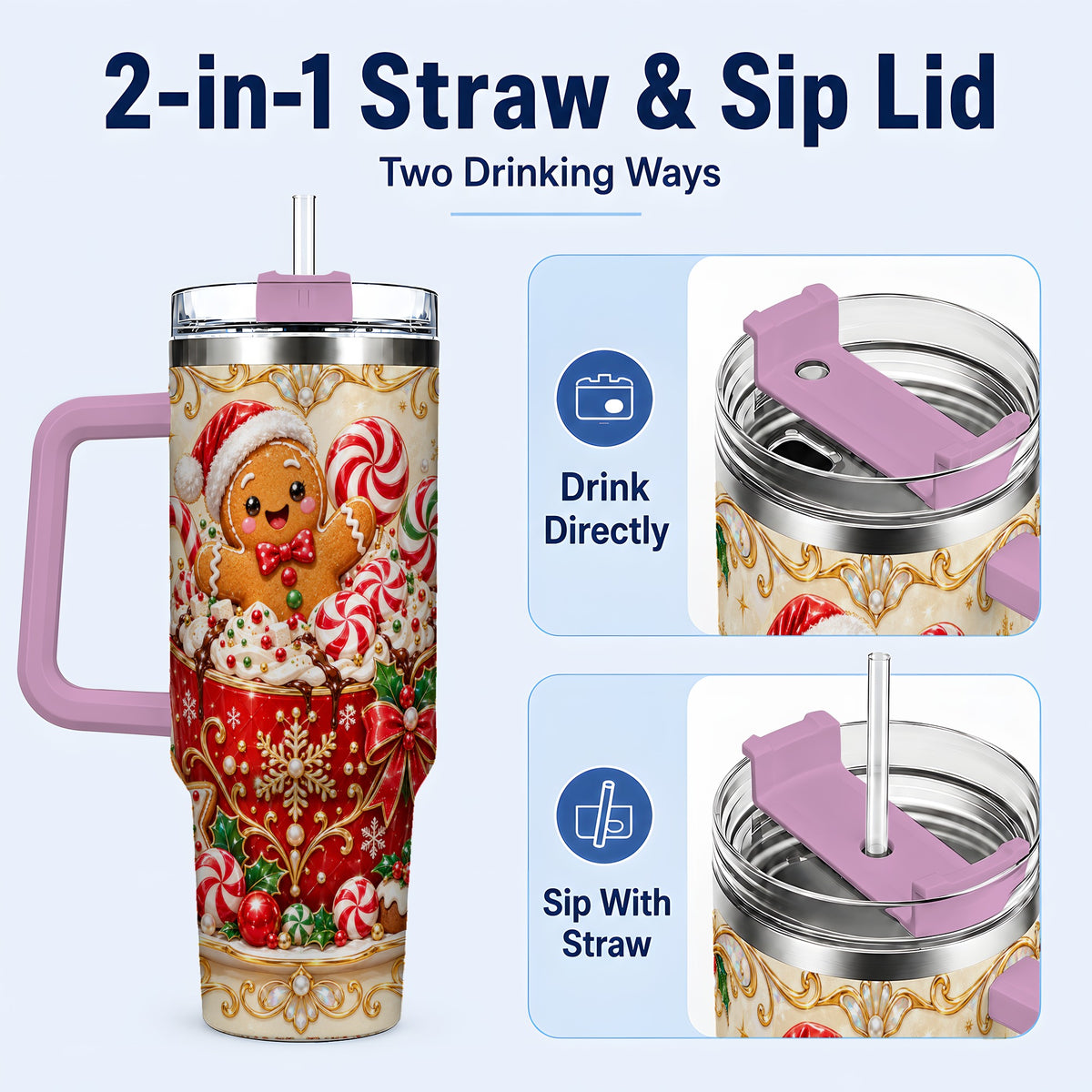 #pl[40oz|Pink] Gingerbread Cocoa 40oz Tumbler, Christmas Stainless Steel Travel Cup