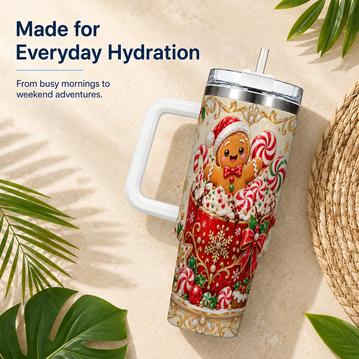 Gingerbread Cocoa 40oz Tumbler, Christmas Stainless Steel Travel Cup
