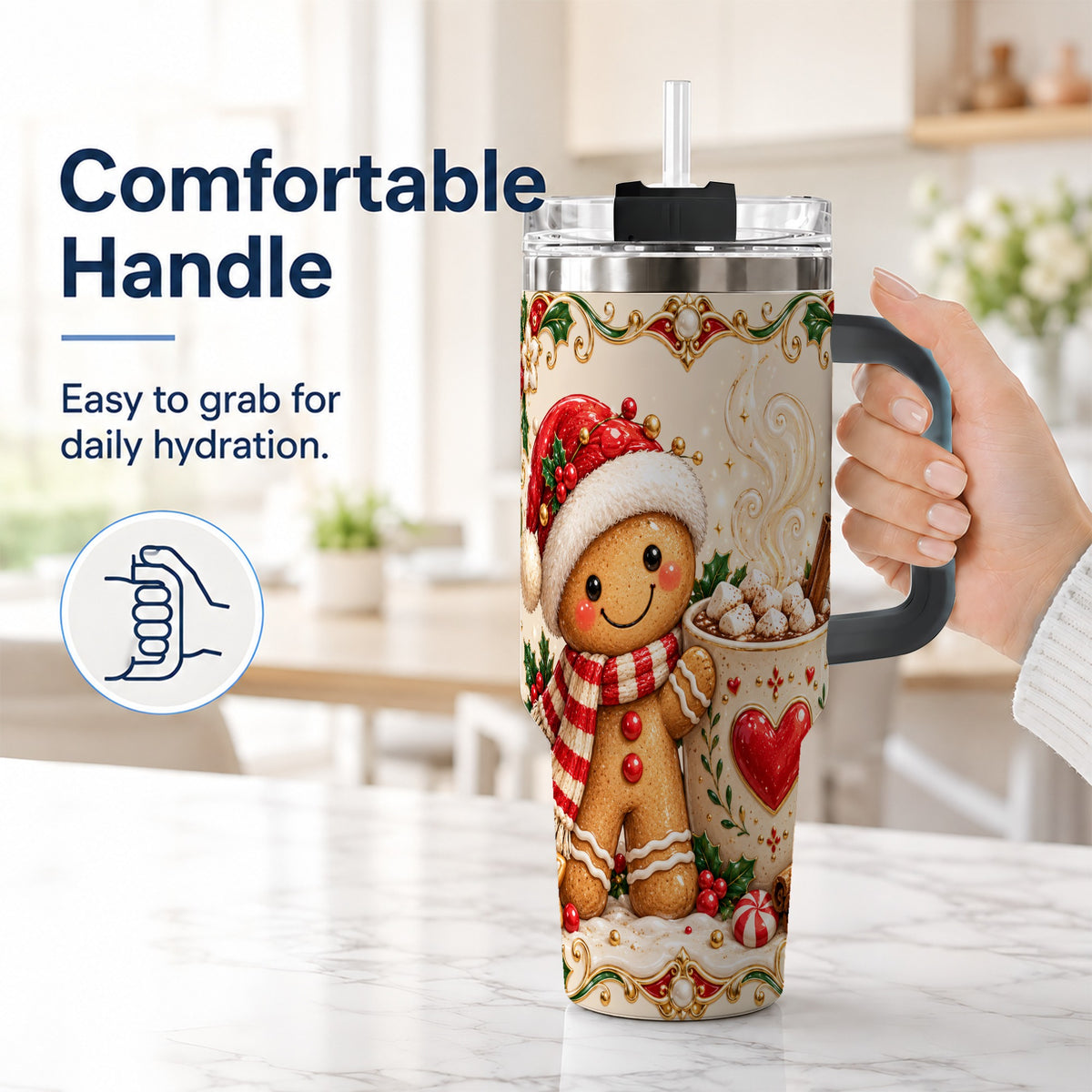 #pl[40oz|Black] Gingerbread Hot Cocoa 40oz Tumbler, Holiday Stainless Steel Travel Cup