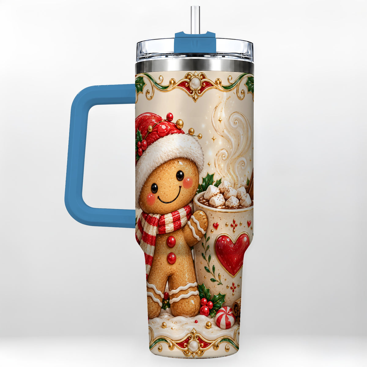 #pl[40oz|Blue] Gingerbread Hot Cocoa 40oz Tumbler, Holiday Stainless Steel Travel Cup