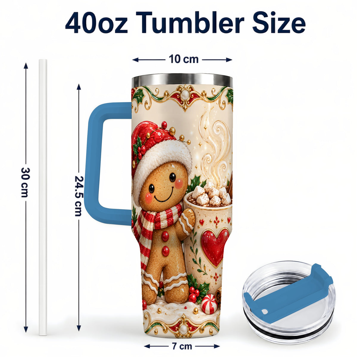 #pl[40oz|Blue] Gingerbread Hot Cocoa 40oz Tumbler, Holiday Stainless Steel Travel Cup