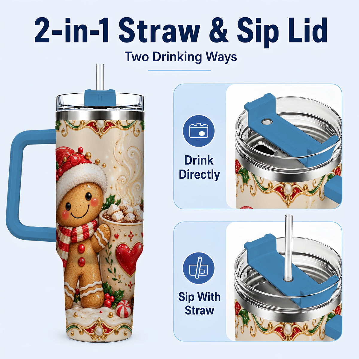 #pl[40oz|Blue] Gingerbread Hot Cocoa 40oz Tumbler, Holiday Stainless Steel Travel Cup